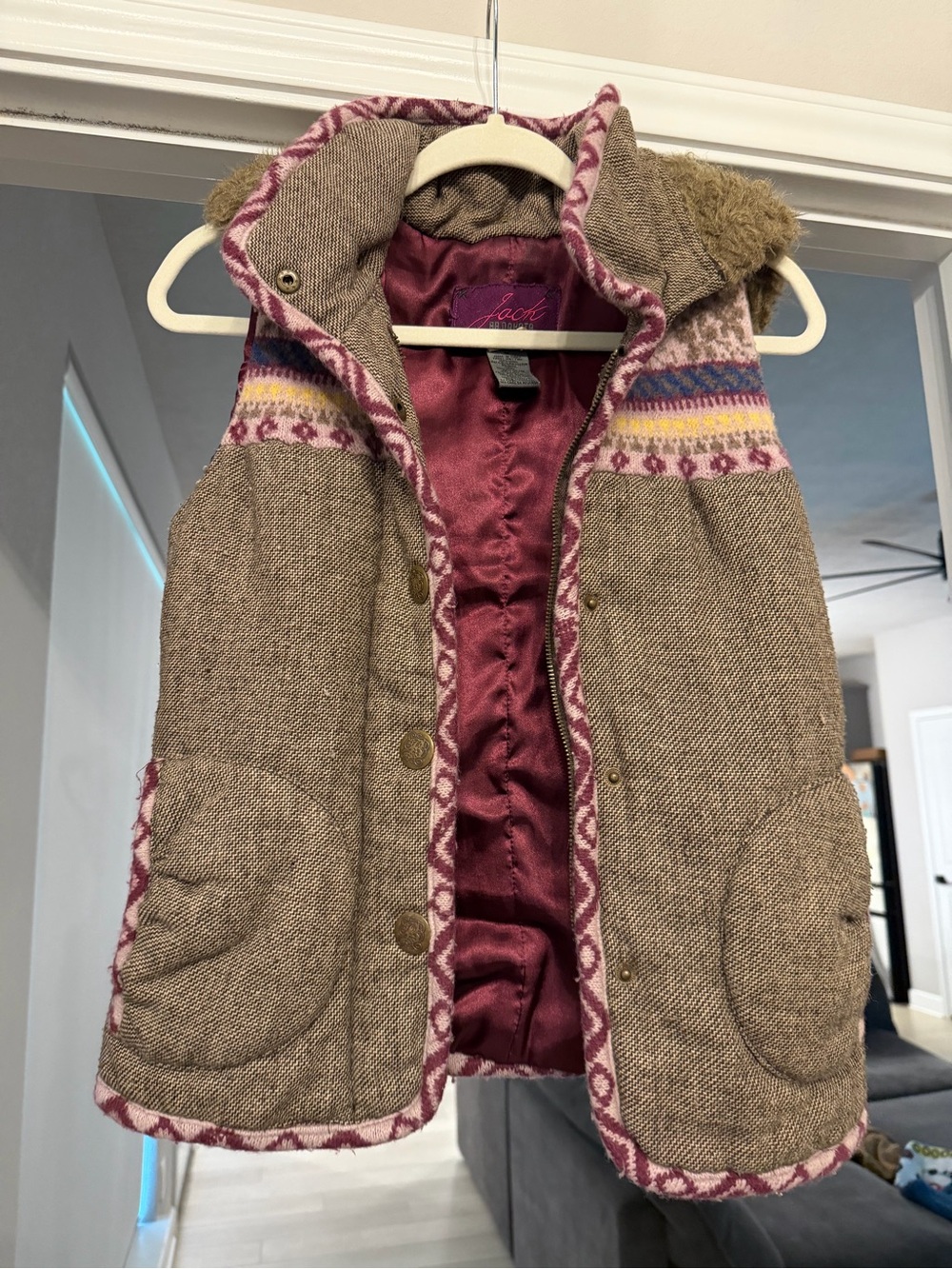 Jack by BB Dakota Girls' Quilted Tan Vest with Pink Trim